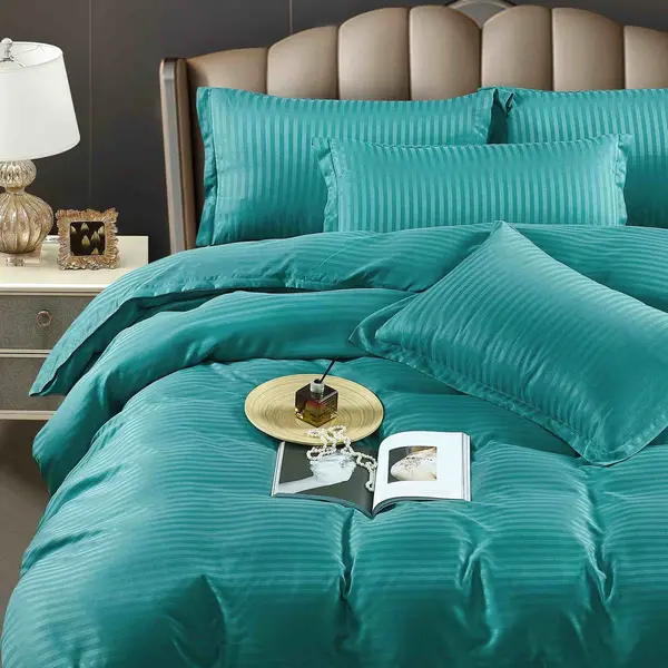 Lenjerie HoReCa, pat single, Damasc Finetat Deluxe, 4 piese, Jojo Home, Turquoise