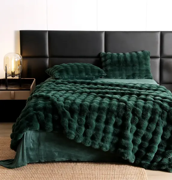 Lenjerie Luxury Pat Dublu, Jojo Home, ExtraPufoasa, din Blanita Artificiala tip Iepure, 6 piese, Verde