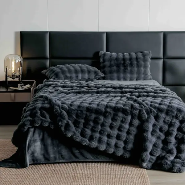 Lenjerie Luxury Pat Dublu, Jojo Home, ExtraPufoasa, din Blanita Artificiala tip Iepure, 6 piese, Antracit