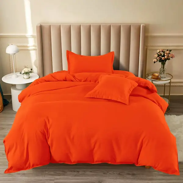 Lenjerie pat 1 PERSOANA, BUMBAC FINET, 4 piese, cu ELASTIC, Portocaliu