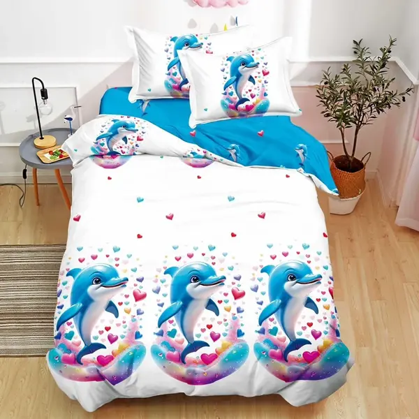 Lenjerie pat 1 PERSOANA, FINET, 4 piese, Alb, Bleu, delfini