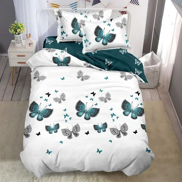 Lenjerie pat 1 PERSOANA, FINET, 4 piese, Alb, Verde, fluturi