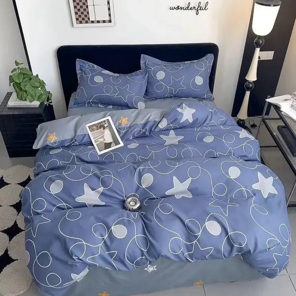 Lenjerie pat 1 PERSOANA, FINET, 4 piese, Albastru, stelute