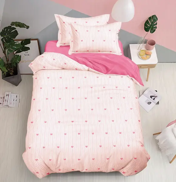 Lenjerie pat 1 PERSOANA, FINET, 4 piese, Crem, Roz, Inimioare