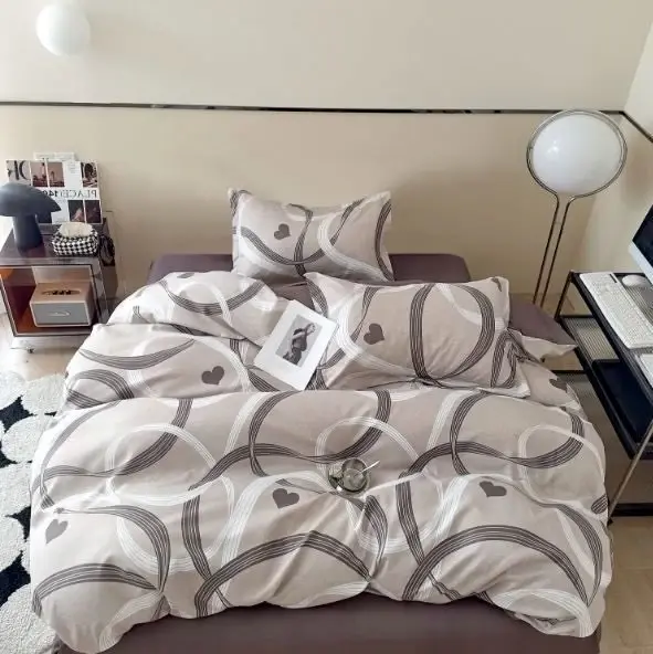 Lenjerie pat 1 PERSOANA, FINET, 4 piese, Grej, inimioare