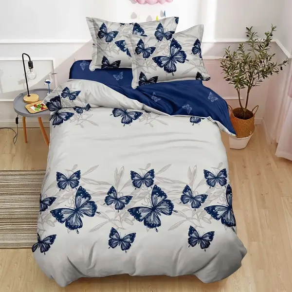 Lenjerie pat 1 PERSOANA, FINET, 4 piese, Gri, Albastru, fluturi