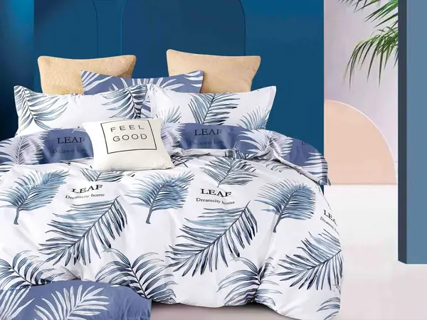 Lenjerie pat 1 PERSOANA, FINET, 4 piese, Jojo Home, Alb-Bleu, frunze