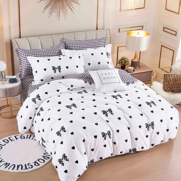 Lenjerie pat 1 PERSOANA, FINET, 4 piese, Jojo Home, Alb, Negru, Fundite si Buline