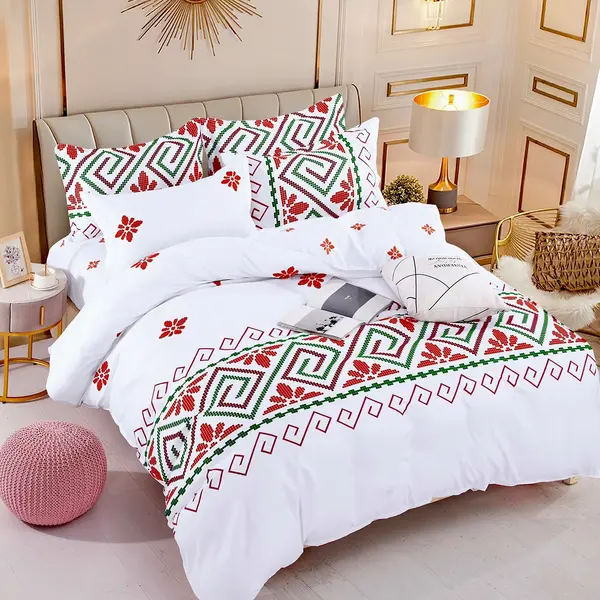 Lenjerie pat 1 PERSOANA, FINET, 4 piese, Jojo Home, Alb-Rosu, model traditional