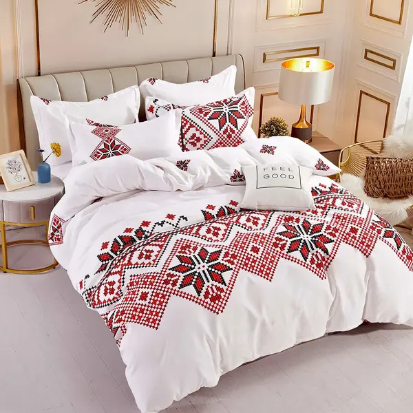Lenjerie pat 1 PERSOANA, FINET, 4 piese, Jojo Home, Alb-Rosu, model traditional