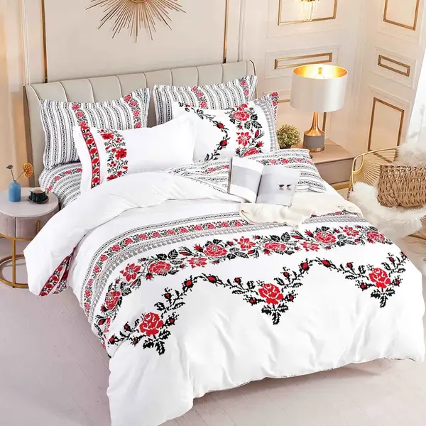 Lenjerie pat 1 PERSOANA, FINET, 4 piese, Jojo Home, Alb, Rosu, Negru, Model Traditional