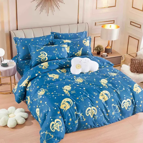Lenjerie pat 1 PERSOANA, FINET, 4 piese, Jojo Home, Albastru, Zodiac