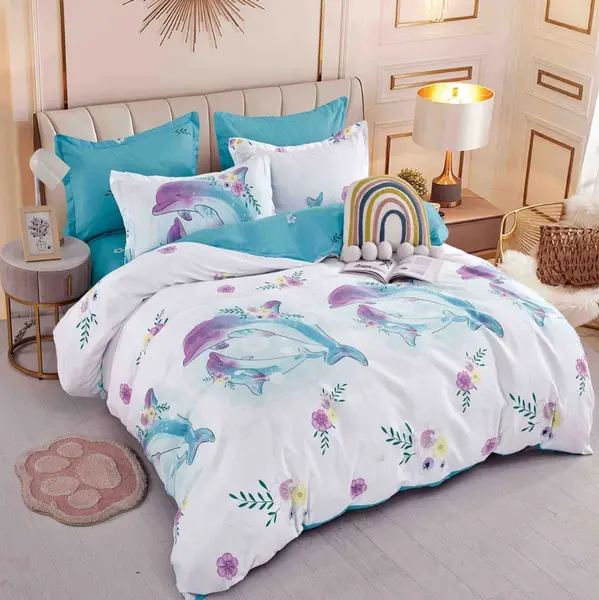 Lenjerie pat 1 PERSOANA, FINET, 4 piese, Jojo Home, Bleu, delfini