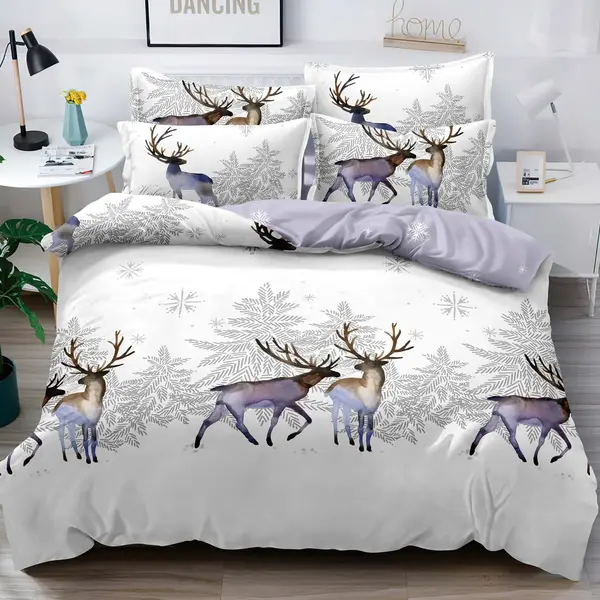 Lenjerie pat 1 PERSOANA, FINET, 4 piese, Jojo Home, Craciun, Gri-Lila, reni