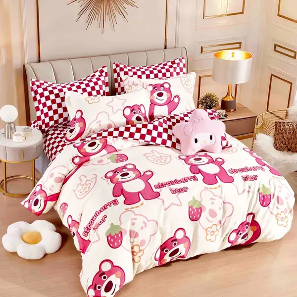 Lenjerie pat 1 PERSOANA, FINET, 4 piese, Jojo Home, Crem, Roz, Ursuleti