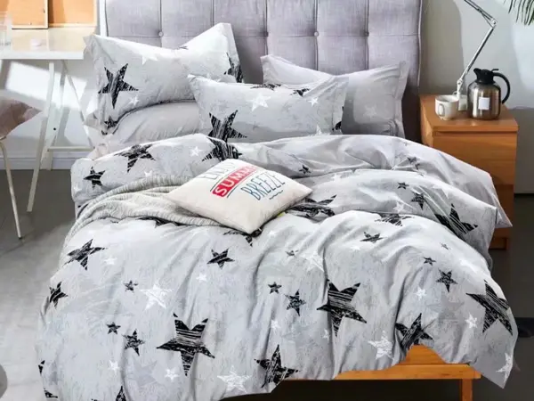 Lenjerie pat 1 PERSOANA, FINET, 4 piese, Jojo Home, Gri-Negru, stelute