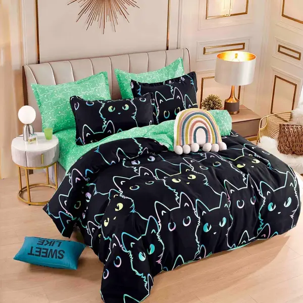 Lenjerie pat 1 PERSOANA, FINET, 4 piese, Jojo Home, Negru, pisicute
