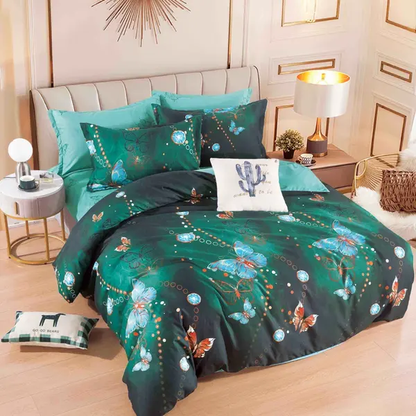 Lenjerie pat 1 PERSOANA, FINET, 4 piese, Jojo Home, Verde, Fluturi