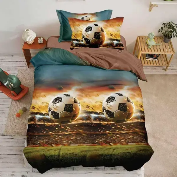 Lenjerie pat 1 PERSOANA, FINET, 4 piese, Maro, Verde, mingii de fotbal