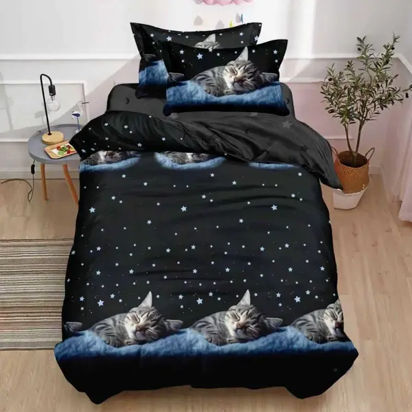 Lenjerie pat 1 PERSOANA, FINET, 4 piese, Negru, pisicute