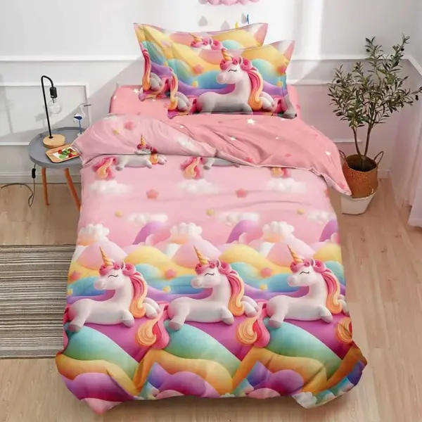 Lenjerie pat 1 PERSOANA, FINET, 4 piese, Roz, unicorni
