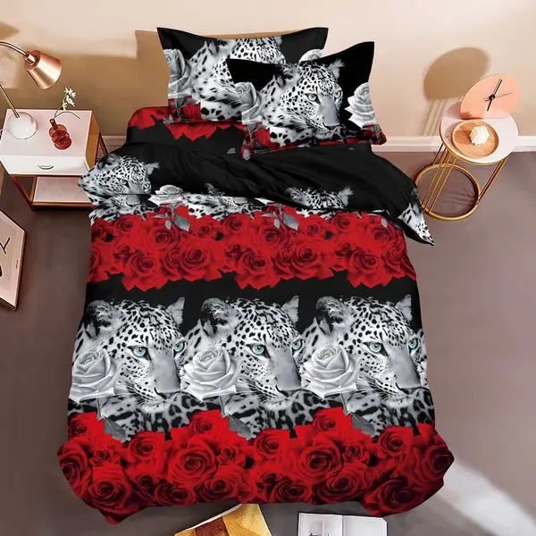 Lenjerie pat 1 Persoana imprimeu 3D - 3 Bucati 219 Lei - Negru-Rosu trandafiri leoparzi