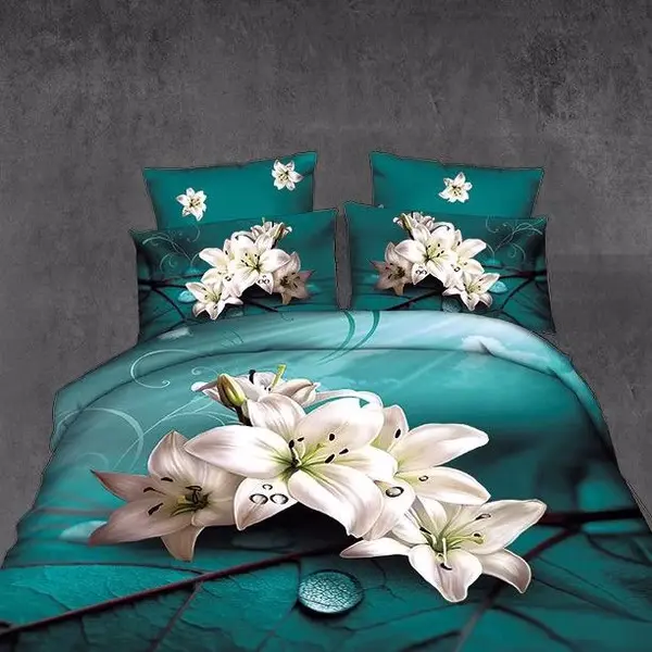 Lenjerie pat 1 Persoana imprimeu 3D - 3 Bucati 219 Lei - Turquoise crini