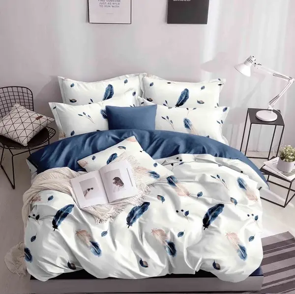 Lenjerie pat 140x200cm 4 piese cu ELASTIC - 3 Bucati 219 Lei - Albastru pene