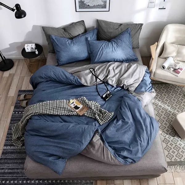 Lenjerie pat 140x200cm 4 piese cu ELASTIC - 3 Bucati 219 Lei - Gri-Albastru