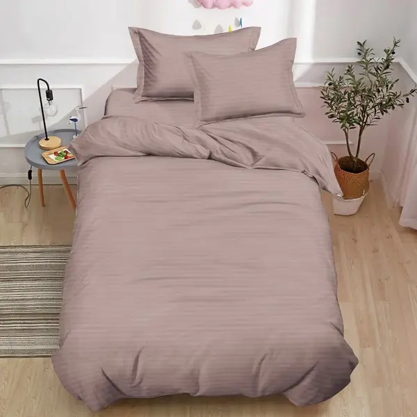 Lenjerie pat 140x200cm, Damasc Finetat, 4 piese, cu ELASTIC, Capuccino