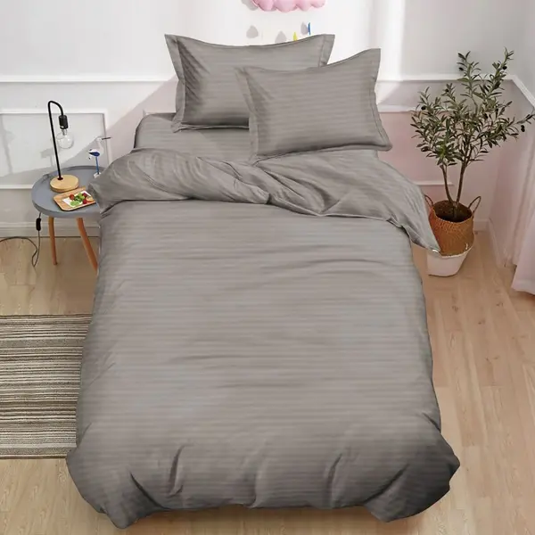Lenjerie pat 140x200cm, Damasc Finetat, 4 piese, cu ELASTIC, Gri