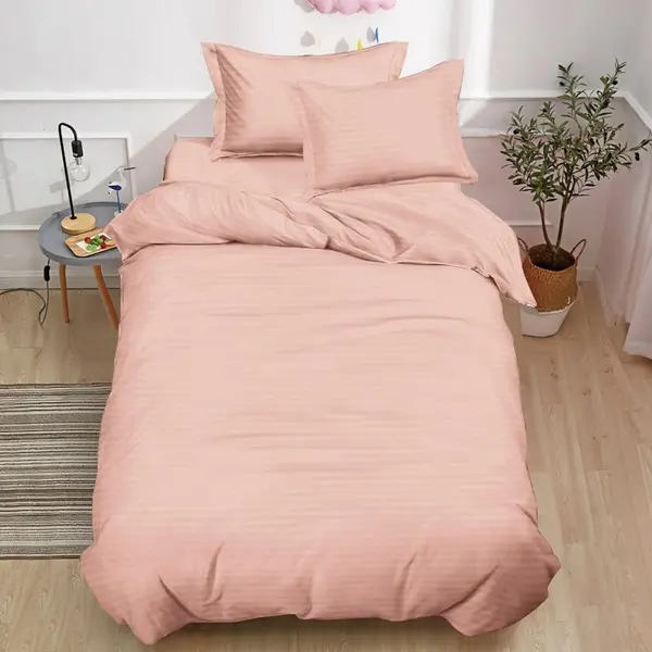 Lenjerie pat 140x200cm, Damasc Finetat, 4 piese, cu ELASTIC, Roz deschis