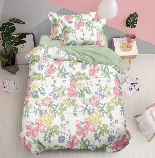 Lenjerie pat 140x200cm, FINET, 4 piese, cu ELASTIC, Alb, Verde, Roz, Flori