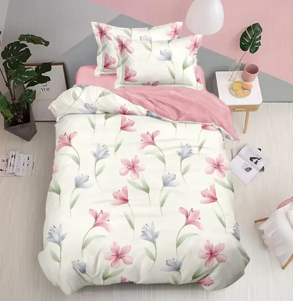 Lenjerie pat 140x200cm, FINET, 4 piese, cu ELASTIC, Crem, Roz, Flori