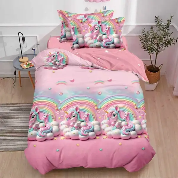 Lenjerie pat 140x200cm, FINET, 4 piese, cu ELASTIC, Roz, unicorni, curcubeu