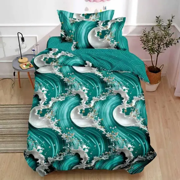 Lenjerie pat 140x200cm, FINET, 4 piese, cu ELASTIC, Verde, Turcuaz, abastract