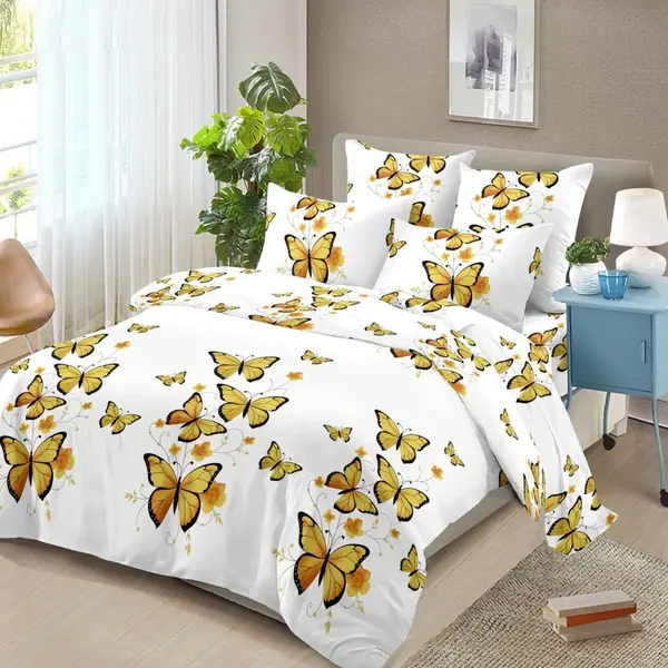Lenjerie pat dublu, 4 piese, microfibra, Pucioasa, crem, flori si fluturi