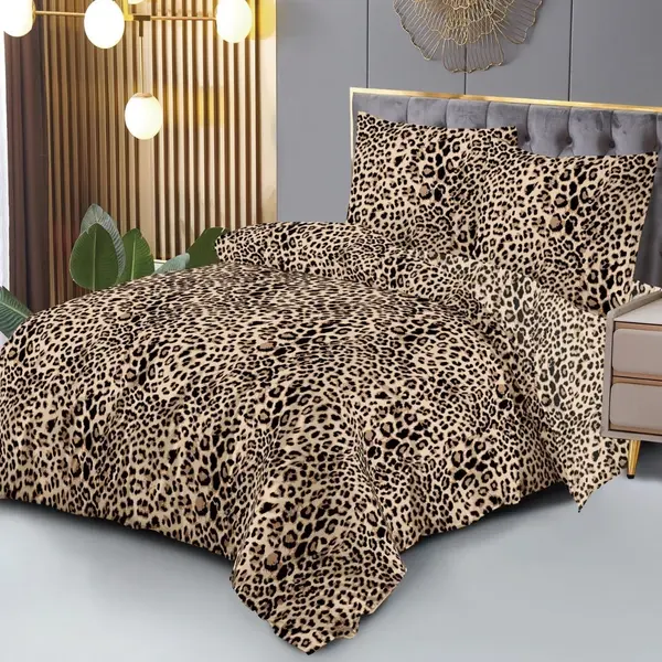 Lenjerie pat dublu, 4 piese, microfibra, Pucioasa, maro, animal print