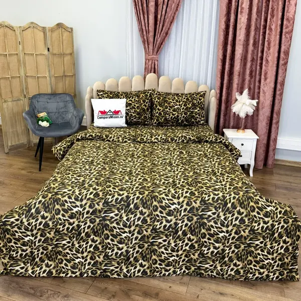 Lenjerie Pat Dublu, Bumbac Ranforce, 4 piese, Atelier Cumparamisim - Lux Suprem, Rafinament Desavarsit, Confort Regal, Maro, animal print