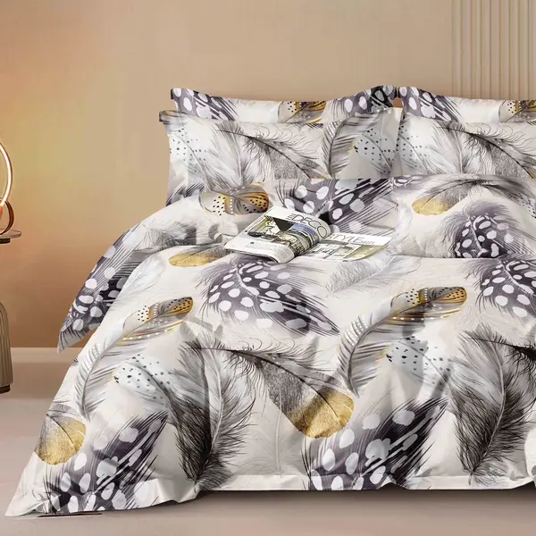 Lenjerie pat dublu bumbac satinat - 3 Bucati 219 Lei - Alb Gri pene
