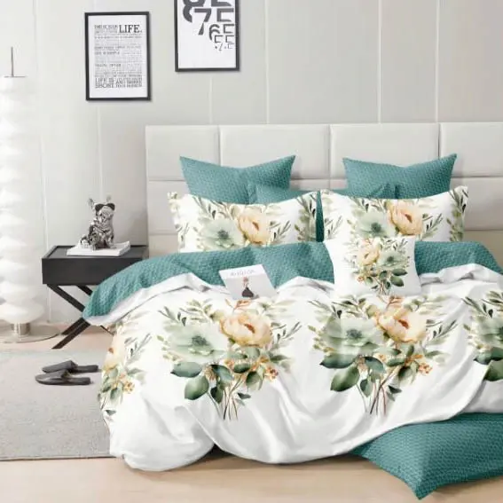 Lenjerie pat dublu bumbac satinat - 3 Bucati 219 Lei - Alb Turcuaz flori