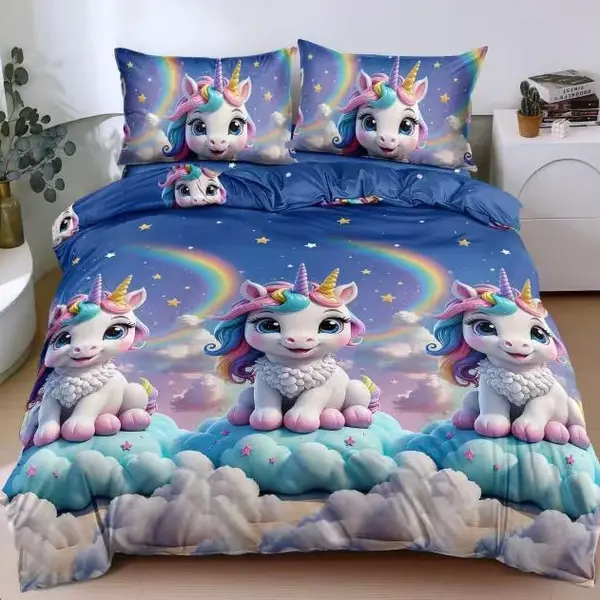 Lenjerie pat dublu bumbac satinat - 3 Bucati 219 Lei - Albastru unicorni