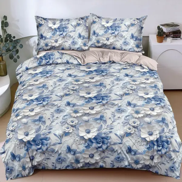 Lenjerie pat dublu bumbac satinat - 3 Bucati 219 Lei - Albastru floricele