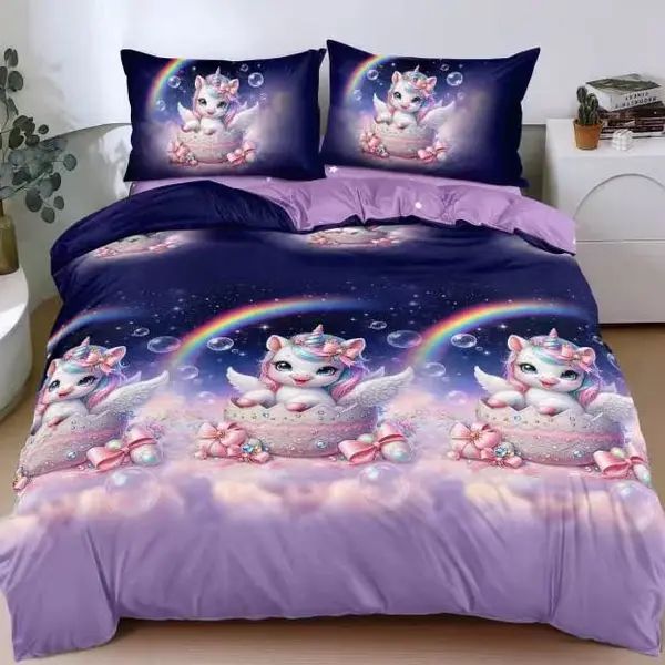 Lenjerie pat dublu bumbac satinat - 3 Bucati 219 Lei - Albastru Mov unicorni