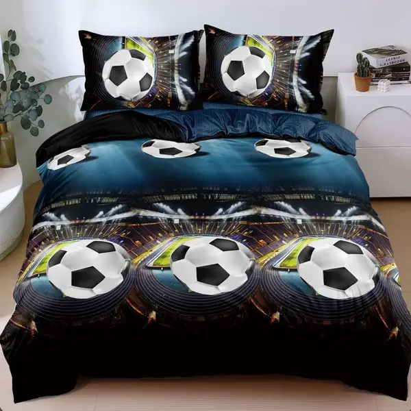 Lenjerie pat dublu bumbac satinat - 3 Bucati 219 Lei - Albastru Fotbal