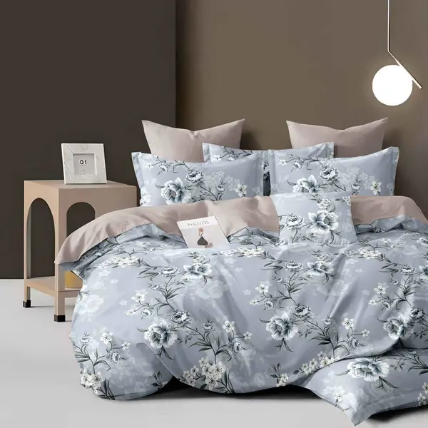 Lenjerie pat dublu bumbac satinat - 3 Bucati 219 Lei - Bleu flori