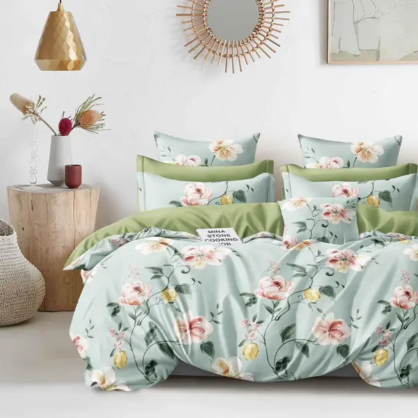 Lenjerie pat dublu bumbac satinat - 3 Bucati 219 Lei - Bleu flori