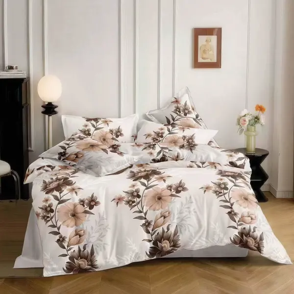 Lenjerie pat dublu bumbac satinat - 3 Bucati 219 Lei - Crem flori