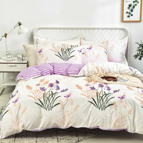 Lenjerie pat dublu bumbac satinat - 3 Bucati 219 Lei - Crem Mov flori