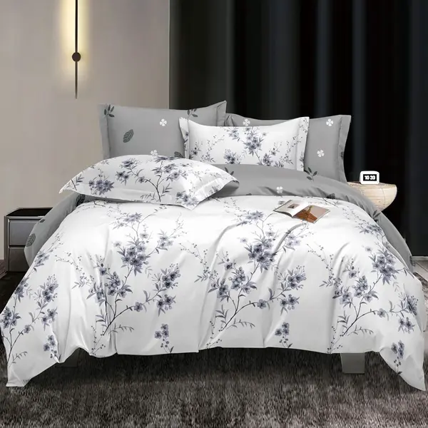 Lenjerie pat dublu bumbac satinat - 3 Bucati 219 Lei - Gri flori